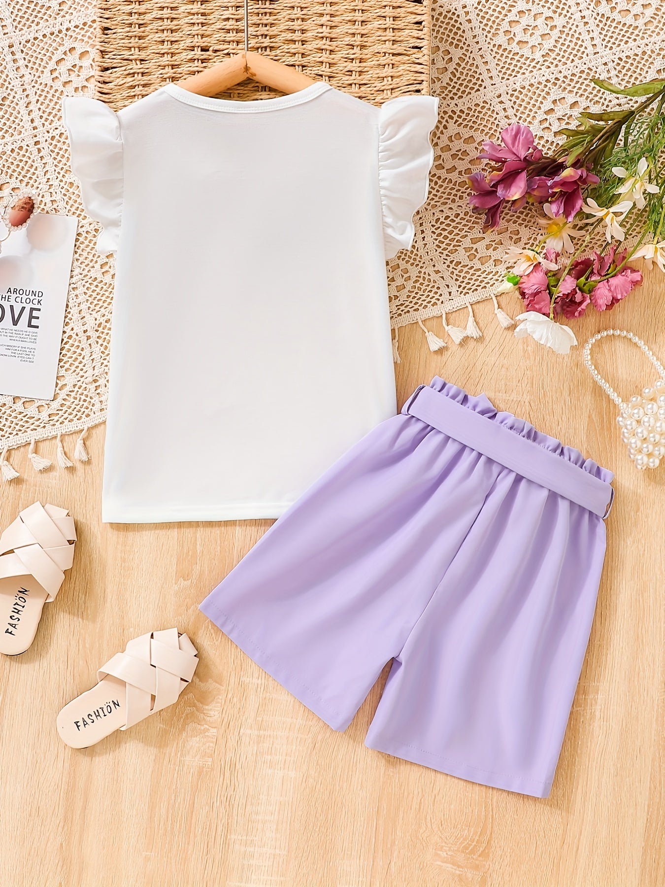 2pcs Girls Eyelash Ruffle Sleeves Top & Shorts Set Kids Summer Clothes