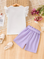 2pcs Girls Eyelash Ruffle Sleeves Top & Shorts Set Kids Summer Clothes