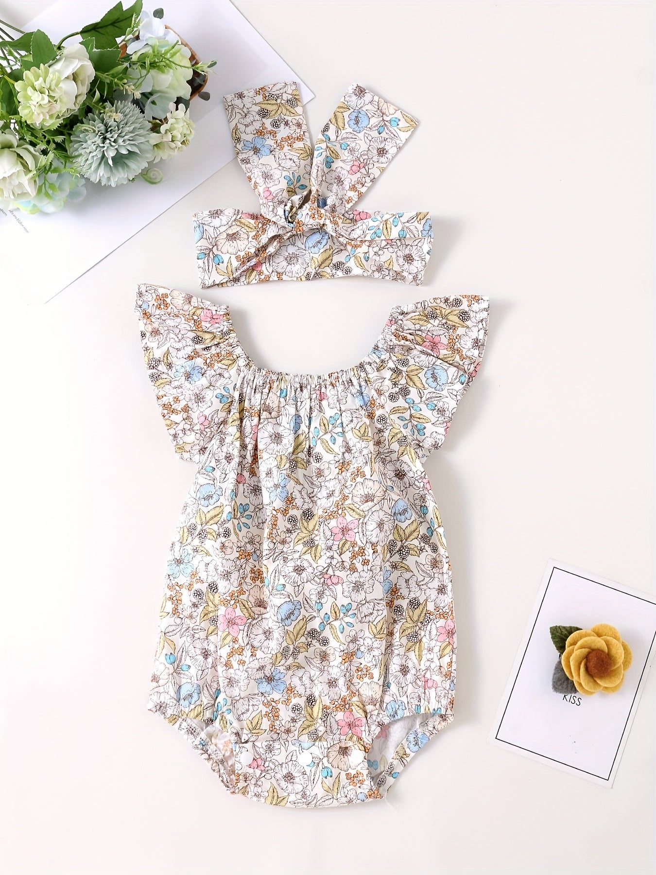 Baby Girls Square Neck Onesies with Floral Print Romper