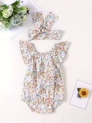 Baby Girls Square Neck Onesies with Floral Print Romper