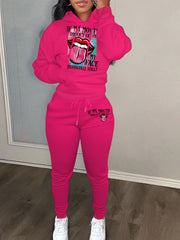Lip & Slogan Print Hoodie & Joggers 2 Piece Set