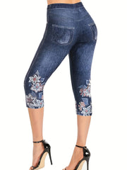 Floral Print Skinny Capris Leggings Casual Crop Leggings