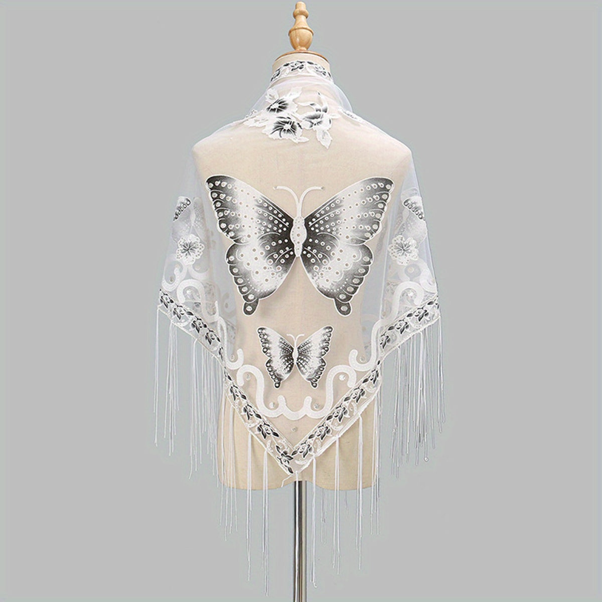 Vintage Butterfly Embroidery Tassel Shawl Lace Wraps for Women