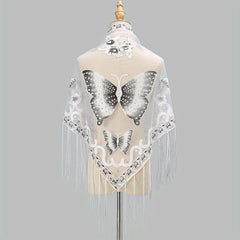 Vintage Butterfly Embroidery Tassel Shawl Lace Wraps for Women