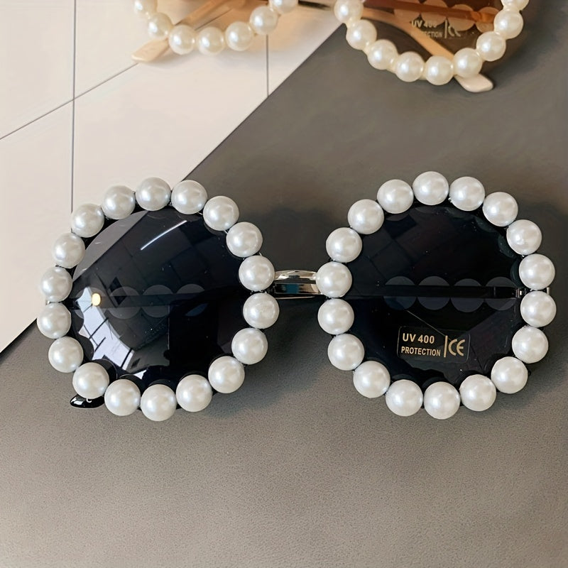 Round Frame Sunglasses Faux Pearl Decor Gradient Lens Glasses UV400