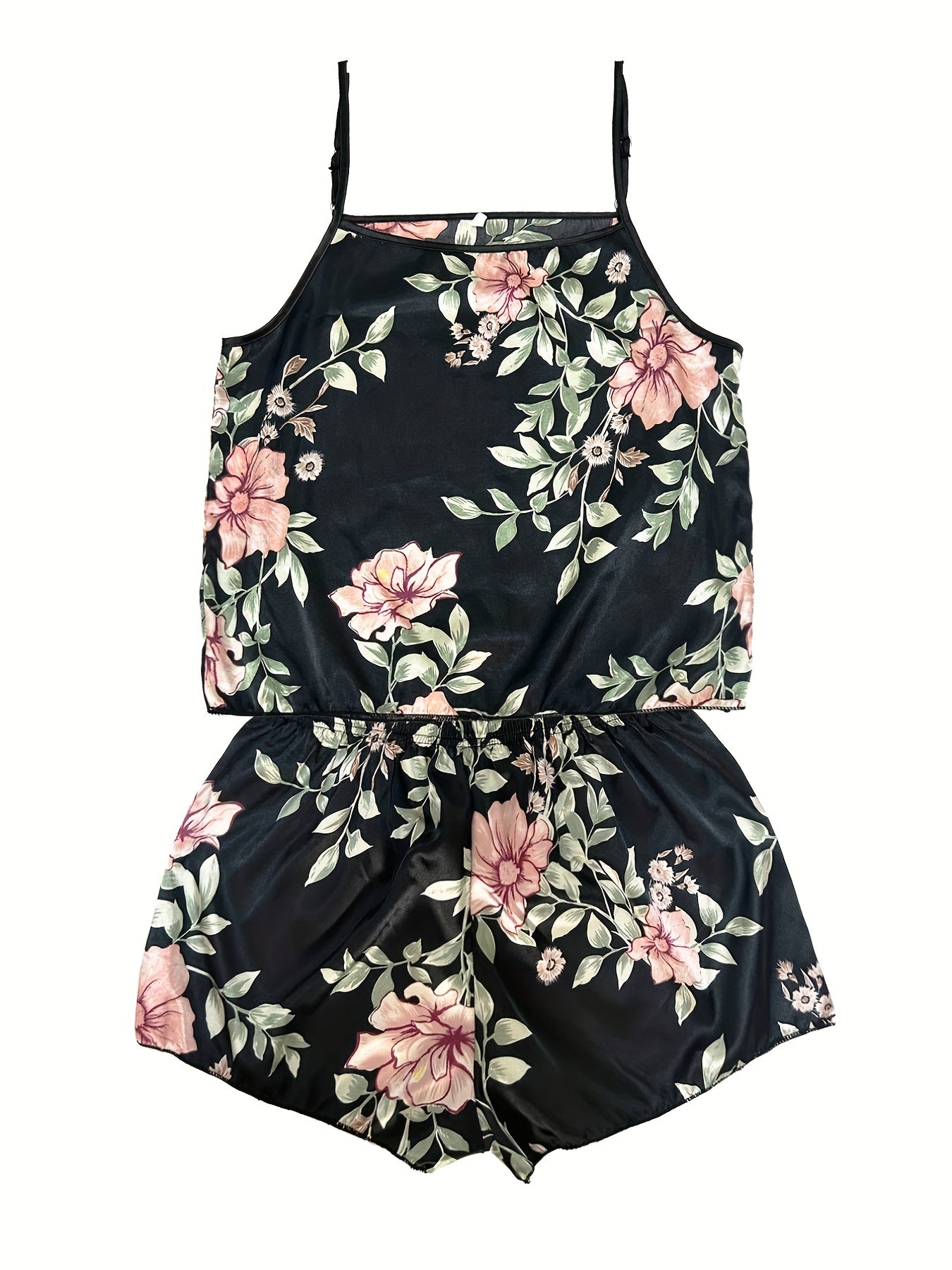 Floral Print Pajama Set Satin Cami Top & Shorts