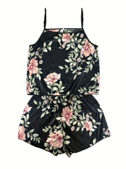 Floral Print Pajama Set Satin Cami Top & Shorts