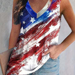 Independence Casual Tank Top Women's Plus Flag Print V Neck Medium Str