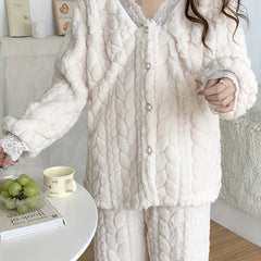 Lace Trim Fuzzy Pajama Set Women's Sleepwear & Loungewear