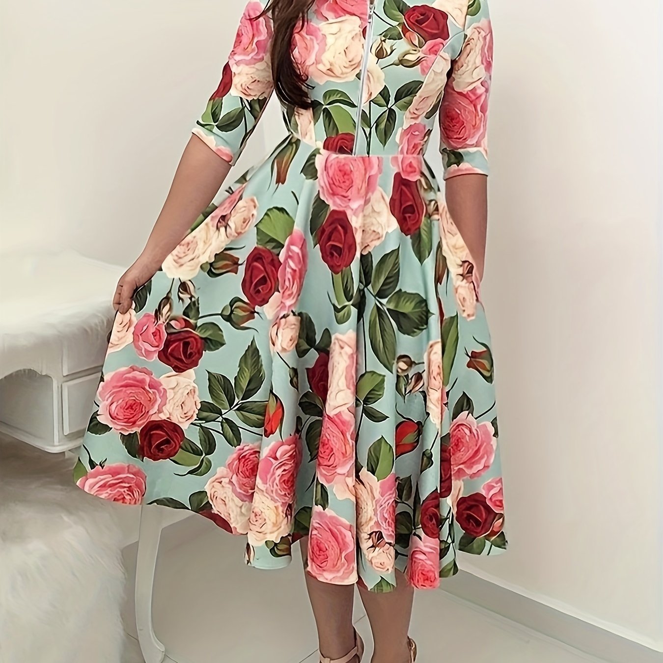 Floral Print Half Sleeve Round Neck Midi A line Dress