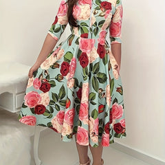 Floral Print Half Sleeve Round Neck Midi A line Dress