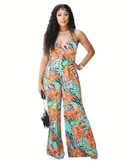 Boho Halter Neck Backless Tropical Print Jumpsuit