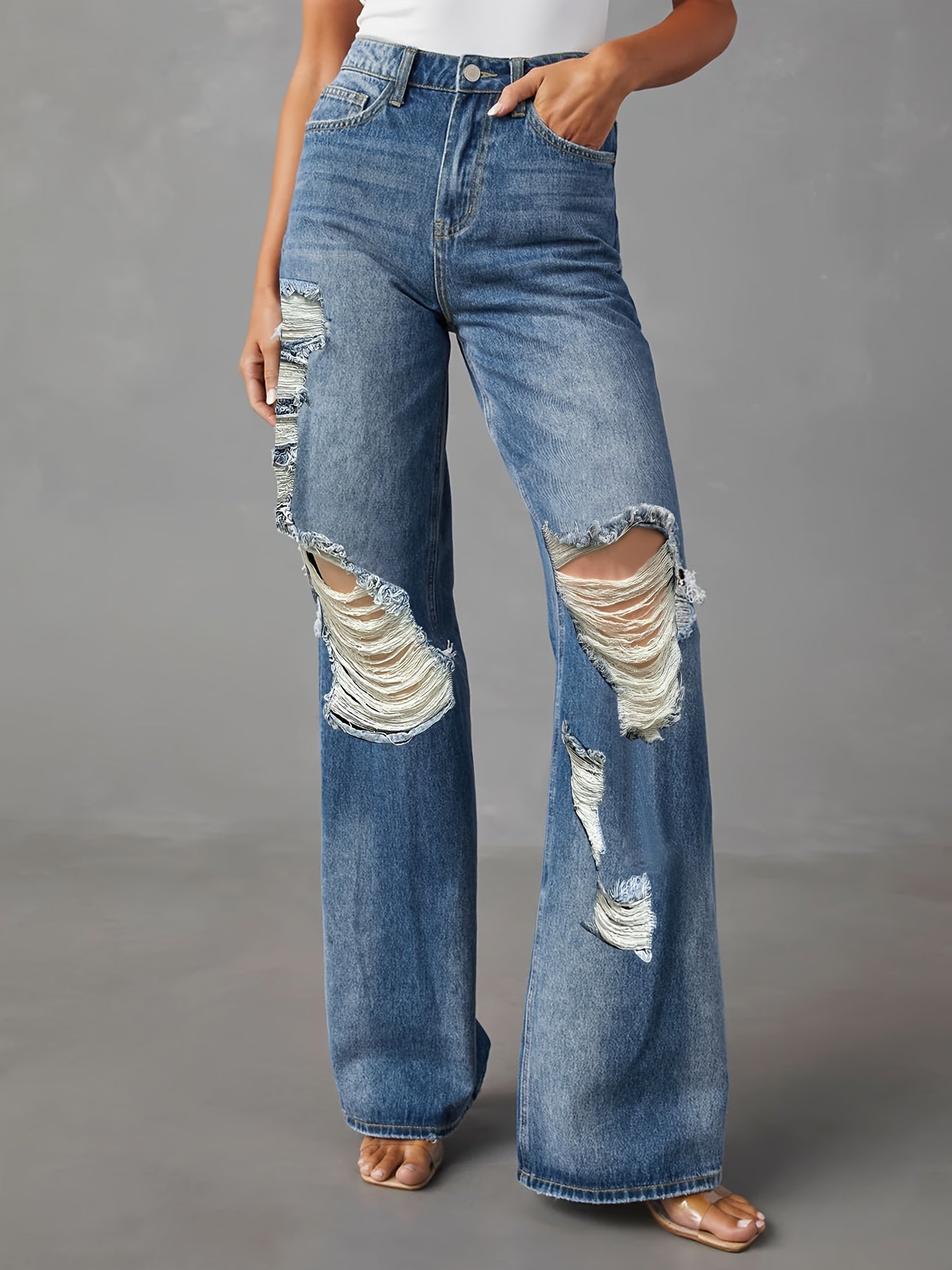 Washed Ripped High Rise Straight Leg Jeans