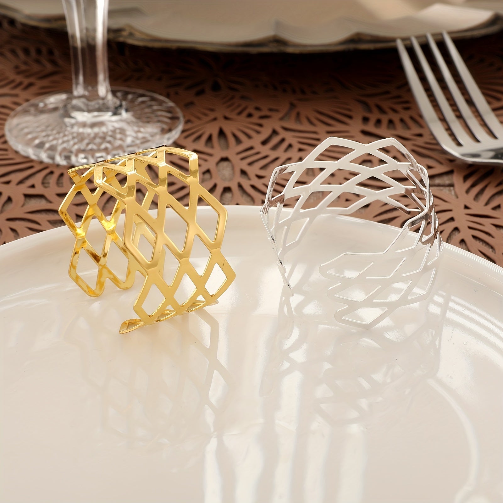 Set of 12 Golden Rhombus Napkin Rings, Polished Metal Hollow Buckle
