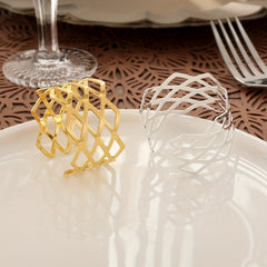 Set of 12 Golden Rhombus Napkin Rings, Polished Metal Hollow Buckle