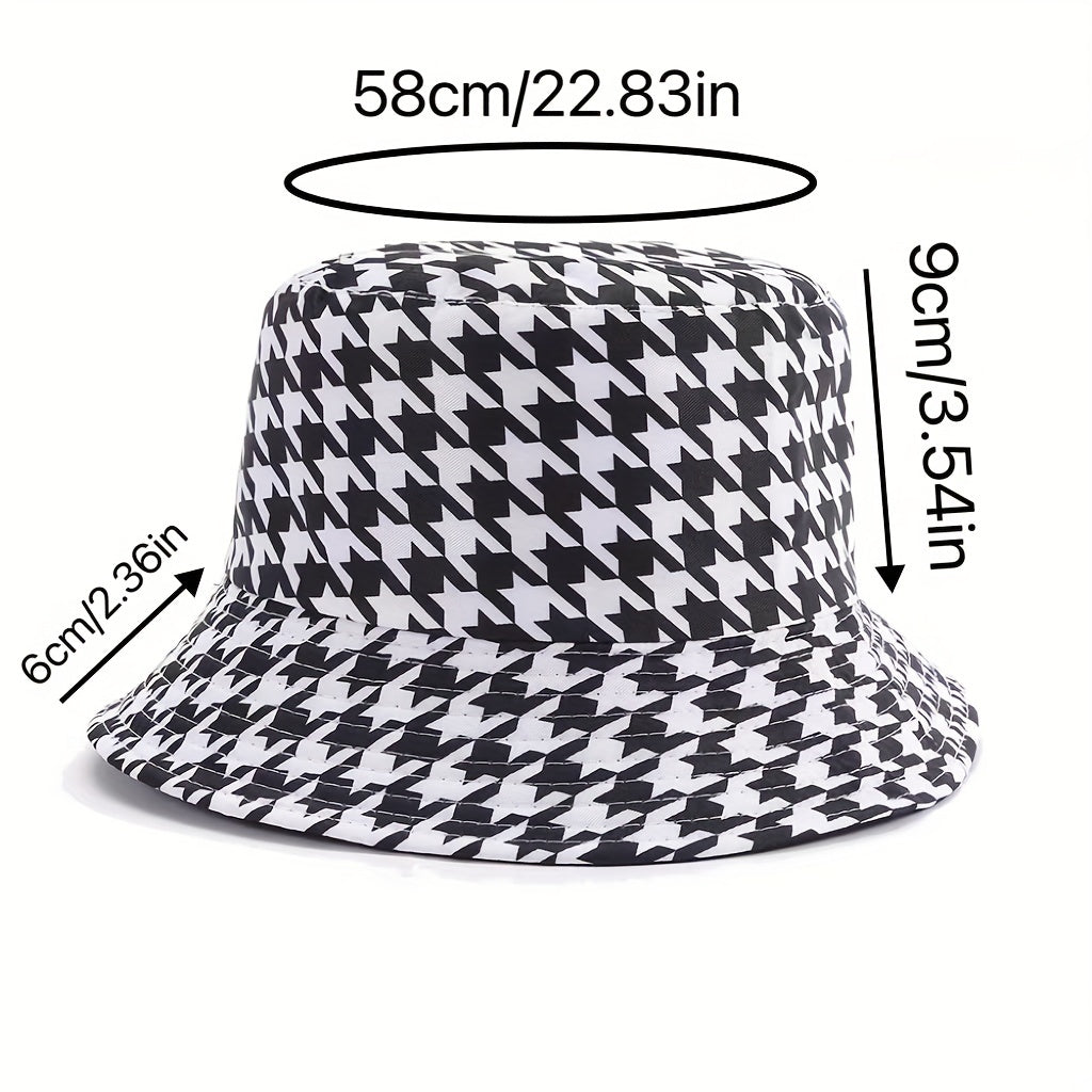 Houndstooth Print Reversible Bucket Hat Lightweight Fisherman Cap