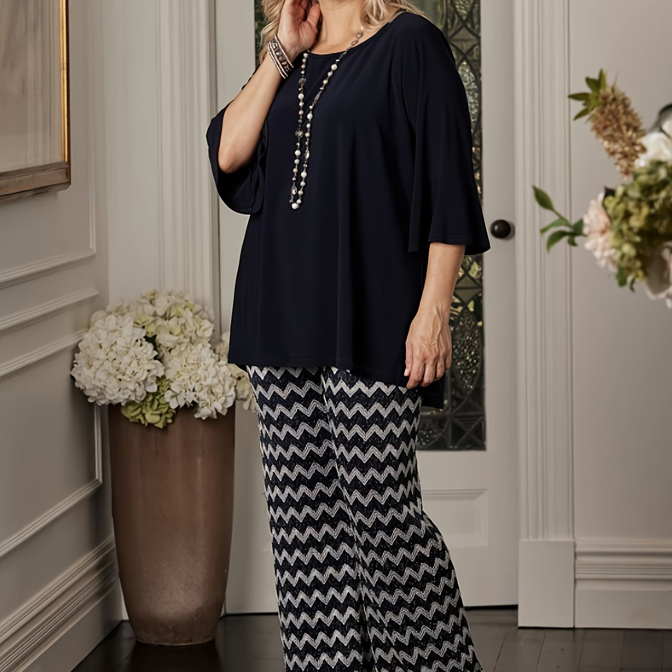 Women's 2 Piece Set Top & Chevron Print Pan