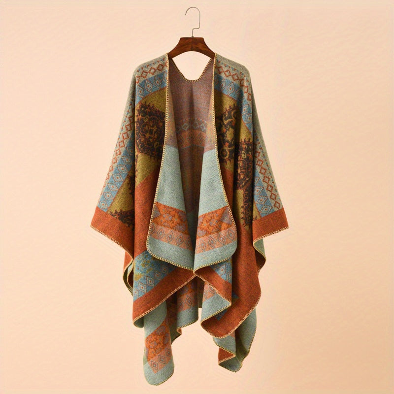 Geometric Print Shawl Wrap Warm Sunscreen Windproof Poncho Cape