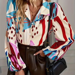 Blouse Women's Plus Random Print Button Up Lantern Sleeve Top