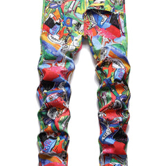 Colorful Graphic Pattern Slim Fit Jeans for Men