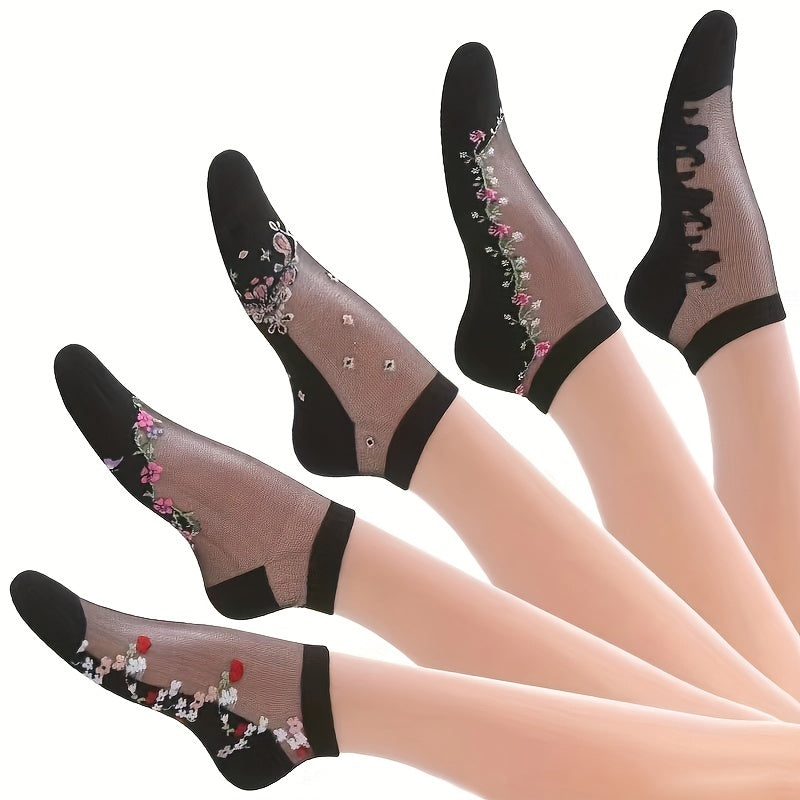 5 Pairs Applique Mesh Socks Lightweight Crew Short Women's Stockings