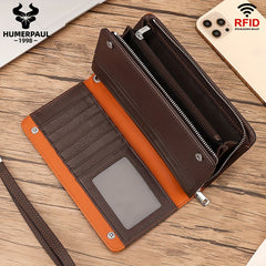 HUMERPAUL Large Capacity RFID Blocking Leather Wallet Brown Orange Accents