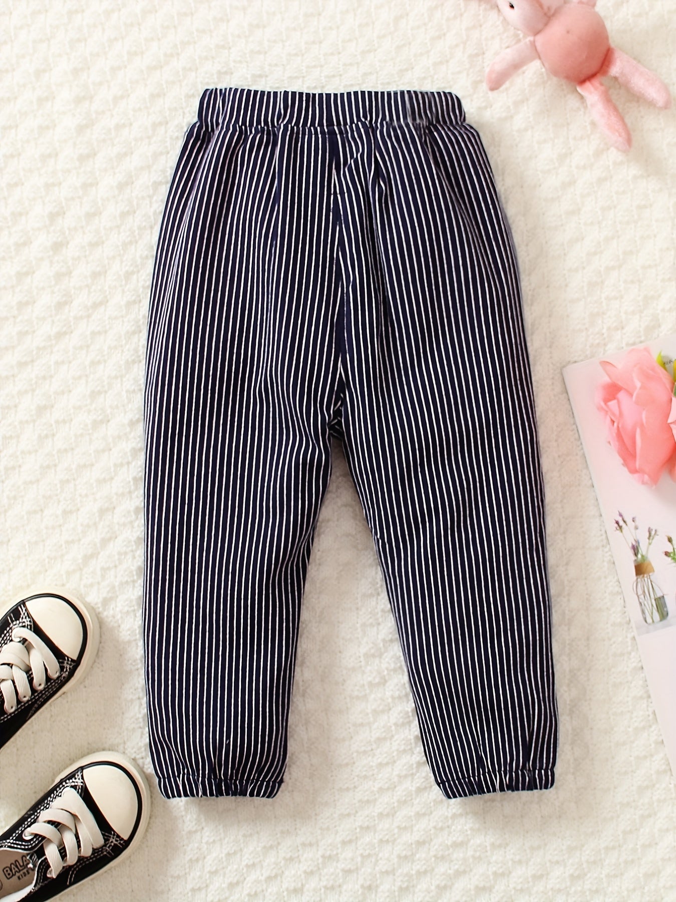 Girls Rabbit Patch Trousers with Stripes Embroidery for Casual Outfit
