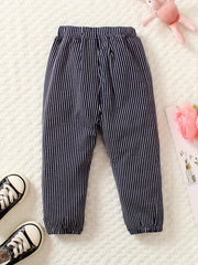 Girls Rabbit Patch Trousers with Stripes Embroidery for Casual Outfit