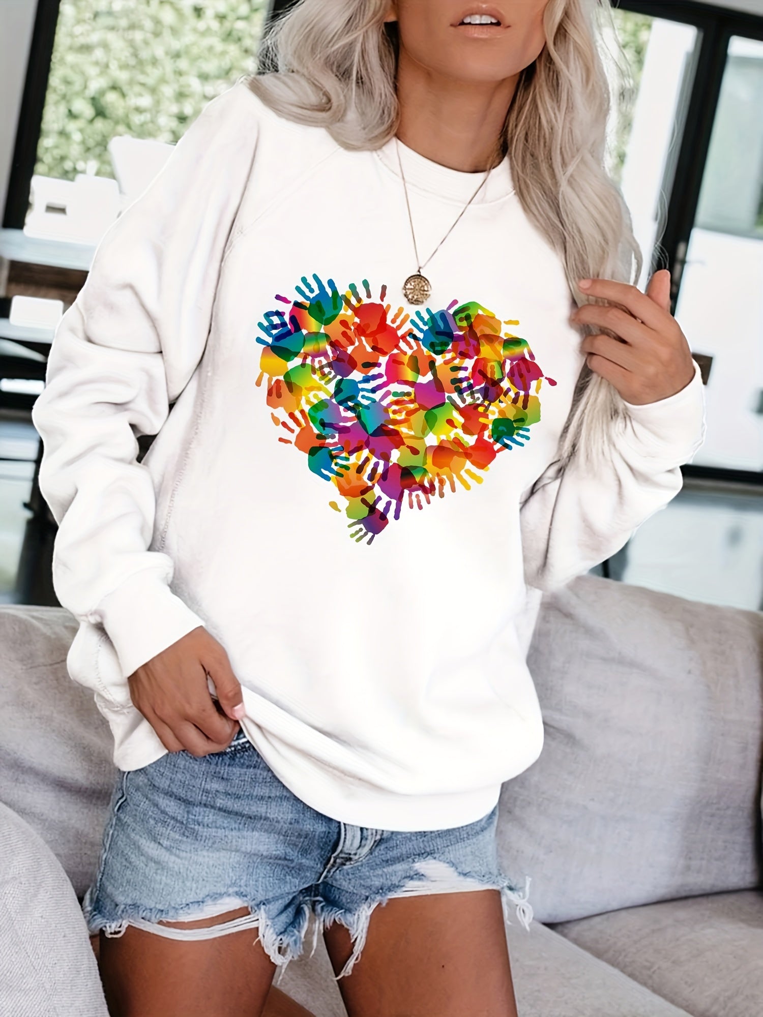 Heart Print Pullover Sweatshirt for Women