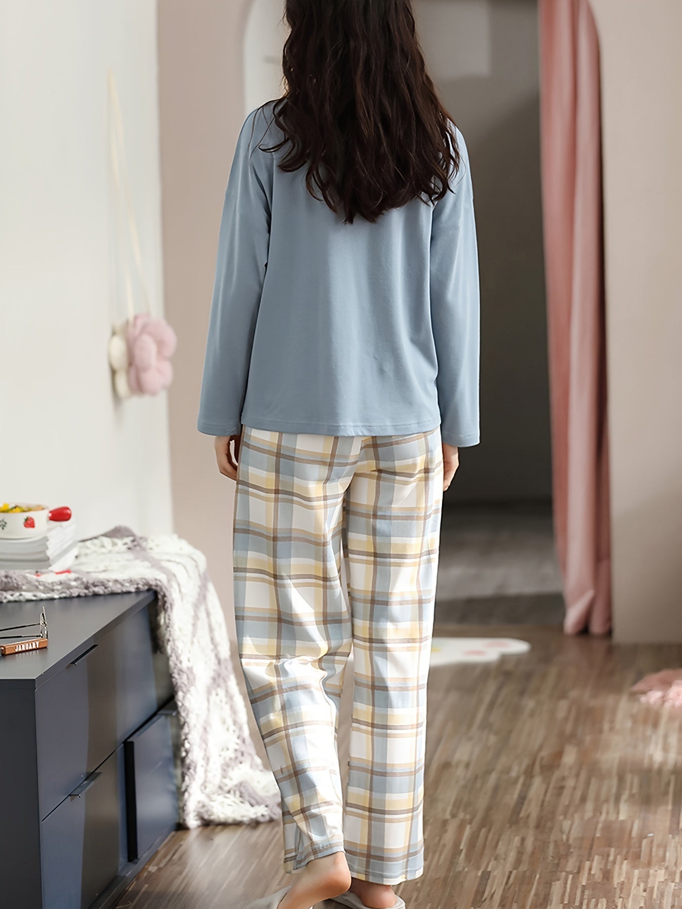 Letter Print Pajama Set Long Sleeve Top & Plaid Pants