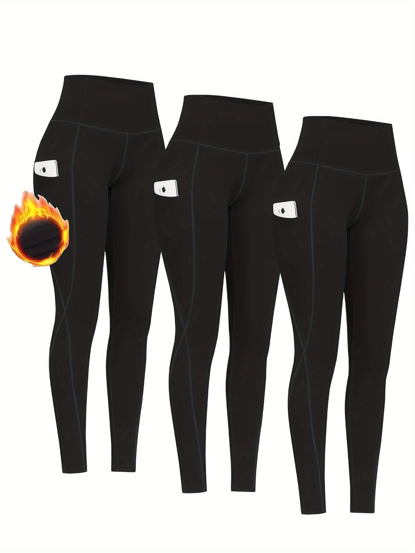 3pcs Fleece Lined Yoga Pants With Pocket Solid Running Sports Warm Tight Pants