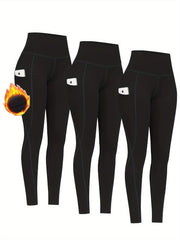 3pcs Fleece Lined Yoga Pants With Pocket Solid Running Sports Warm Tight Pants