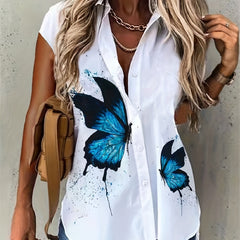 Butterfly Print Button Up Cap Sleeve Blouse