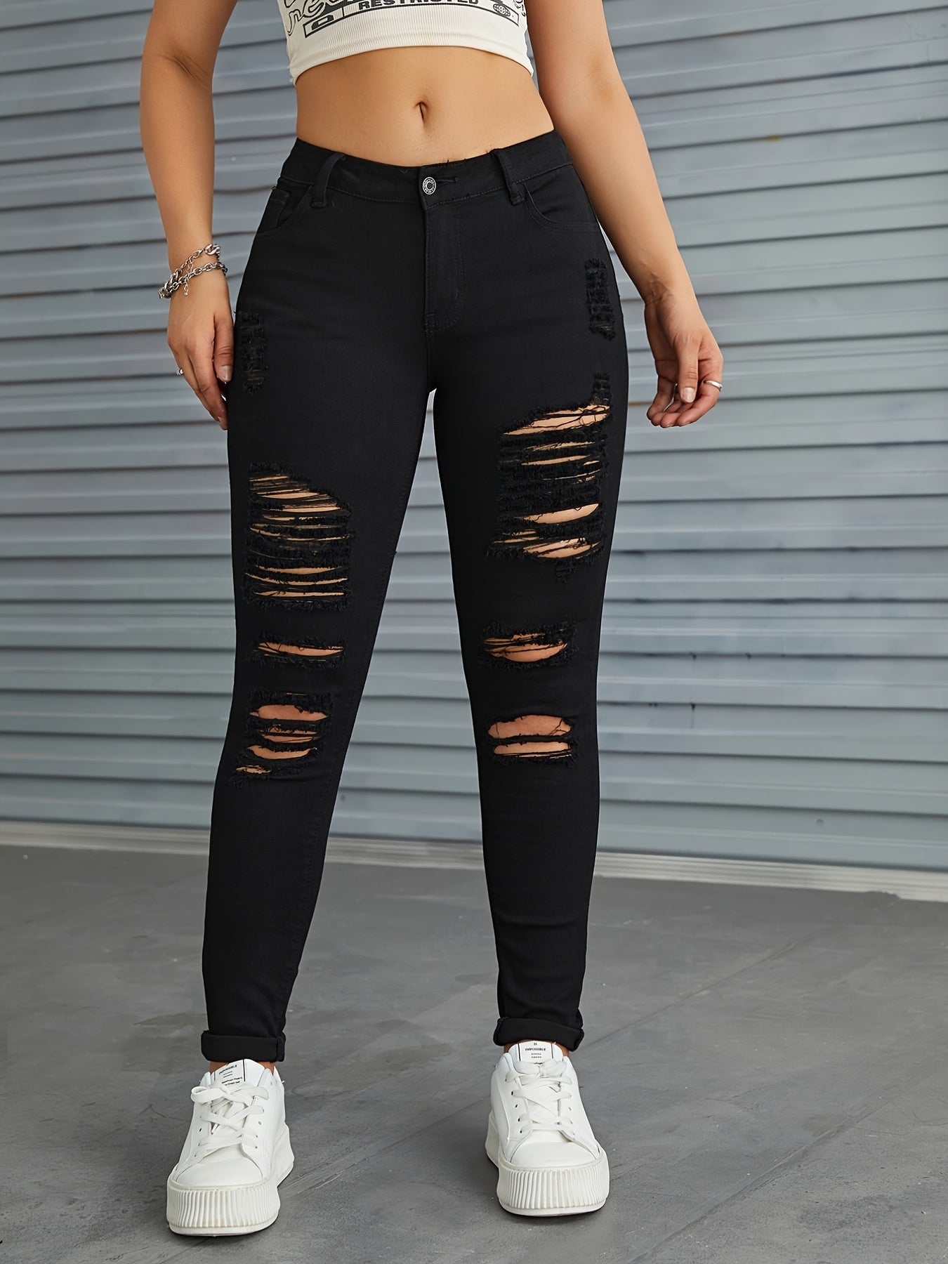 Solid Slim Fit Jeans Vintage Button High Stretch Trousers