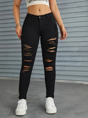 Solid Slim Fit Jeans Vintage Button High Stretch Trousers