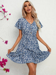 Casual Dress Women's Plus Ditsy Print Button Decor Short Sleeve V Neck