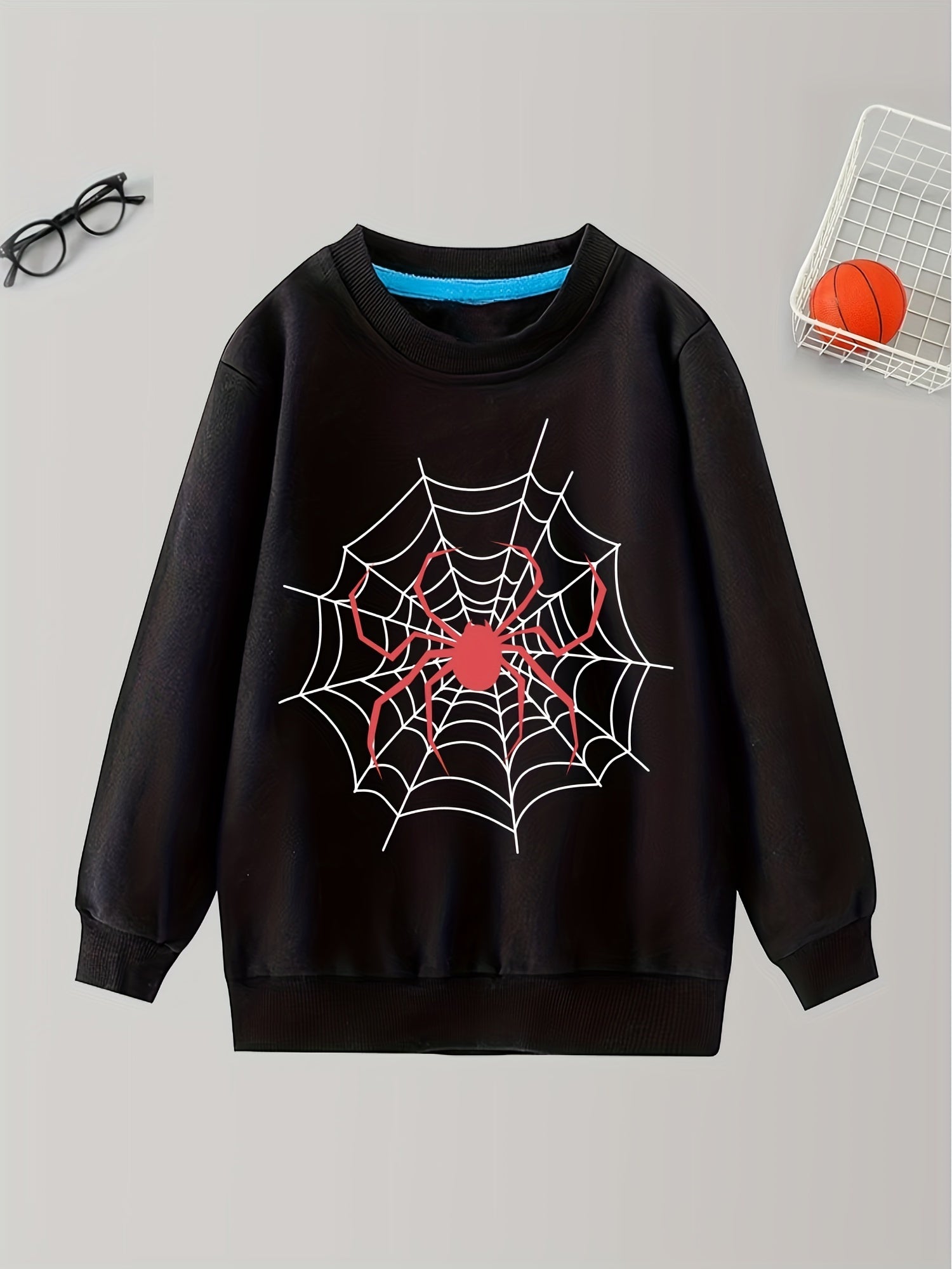 Spider And Web Print Boys Sweatshirt Long Sleeve Crew Neck Tops