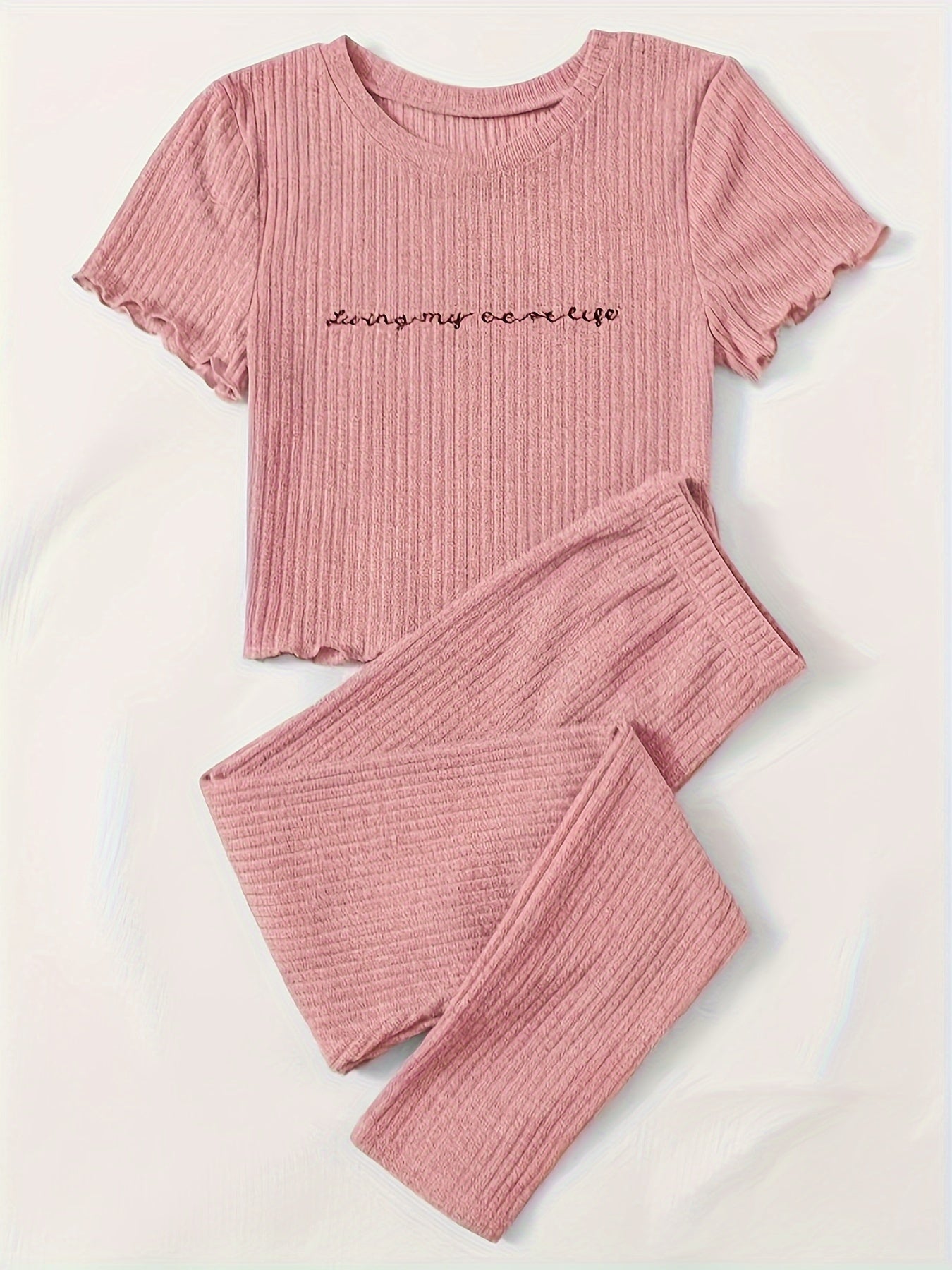Letter Print Lounge Set Short Sleeve Top & Pants Women's Loungewear