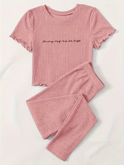 Letter Print Lounge Set Short Sleeve Top & Pants Women's Loungewear