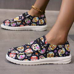 Women's Colorful Skull Print Canvas Shoes Casual Lace Up Outdoor Sneakers
