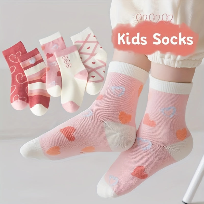 10 Pairs Girl's Cartoon Love Heart Knitted Socks Cotton Breathable Crew Socks