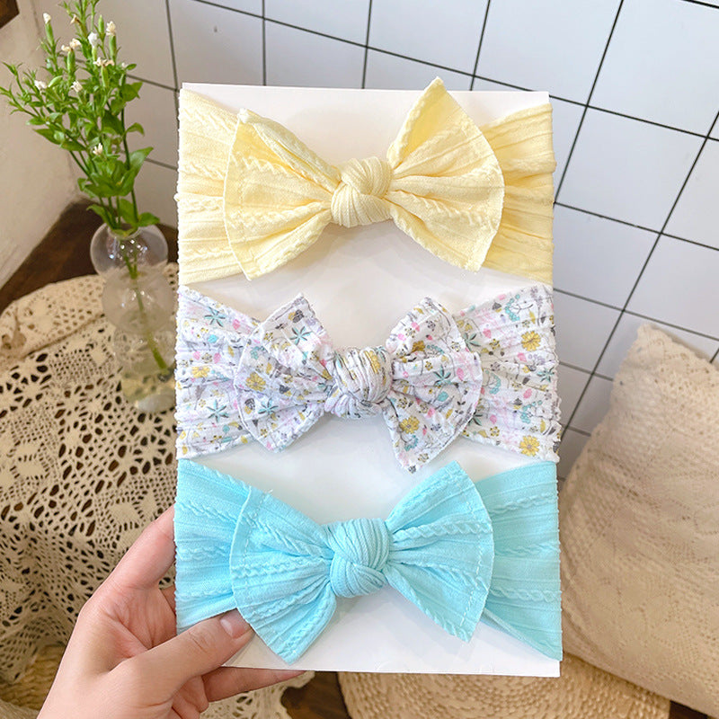 3pcs Jacquard Wide Edge Bow Elastic Headband Soft Printed Nylon Headscarf