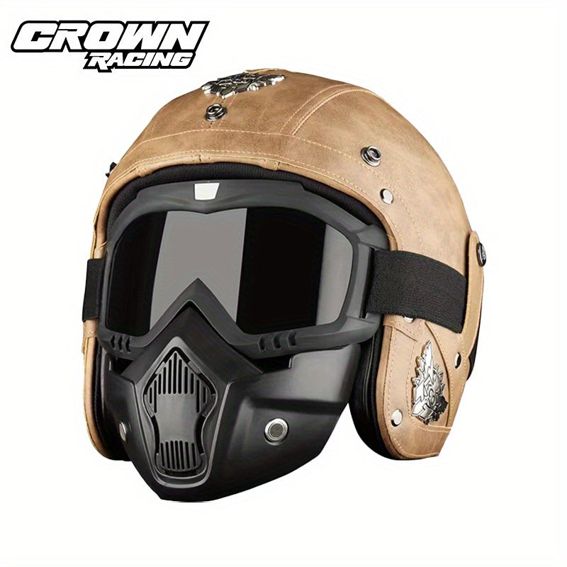 Crown Racing Retro Motorcycle Safety Men's Open Helmet with Mask