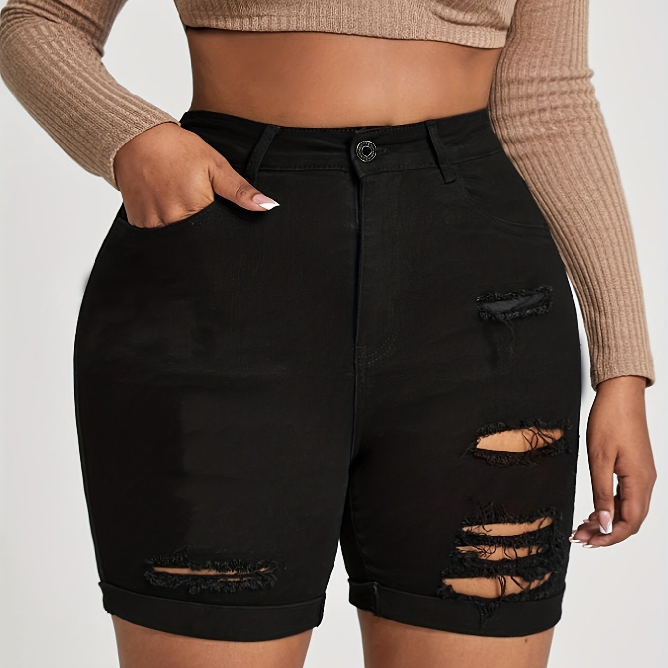 Casual Denim Shorts Women's Plus Solid Ripped Button Fly Denim Shorts