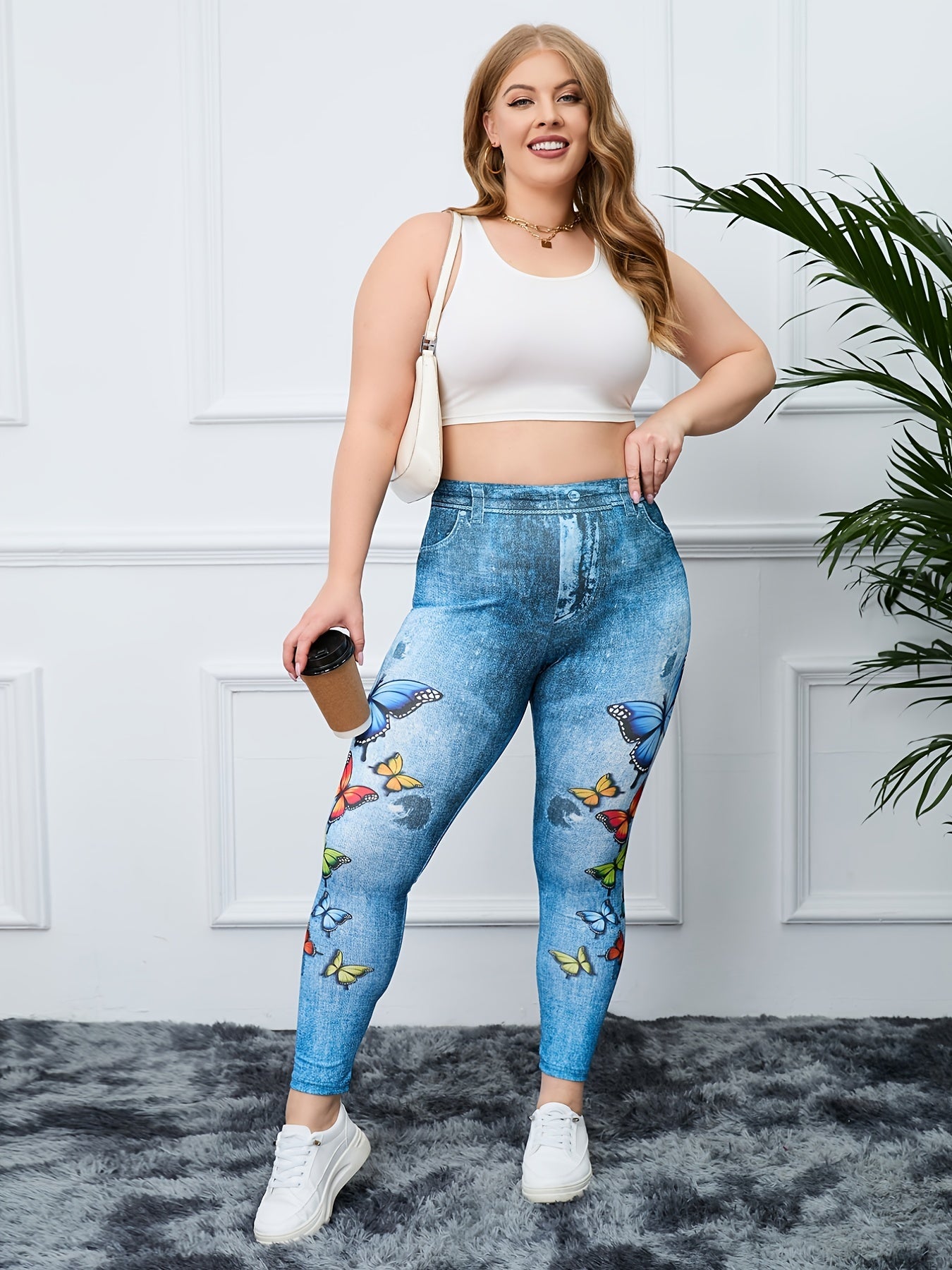 Plus Size Butterfly & Denim Print High Rise Leggings Women's Plus