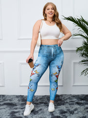 Plus Size Butterfly & Denim Print High Rise Leggings Women's Plus