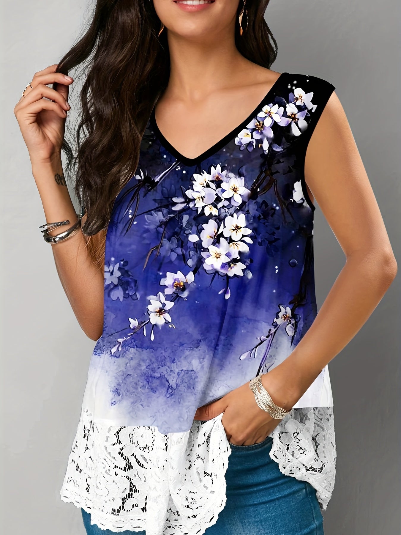 Floral Print V Neck Tank Top Sleeveless Summer Casual Women's Clothing