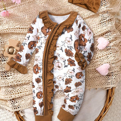 Newborn Baby Girl Floral Print Ruffle Jumpsuit With Headband