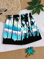 Coconut Trees Pattern Drawstring Boys Beach Trunks Kids Swimming Shorts