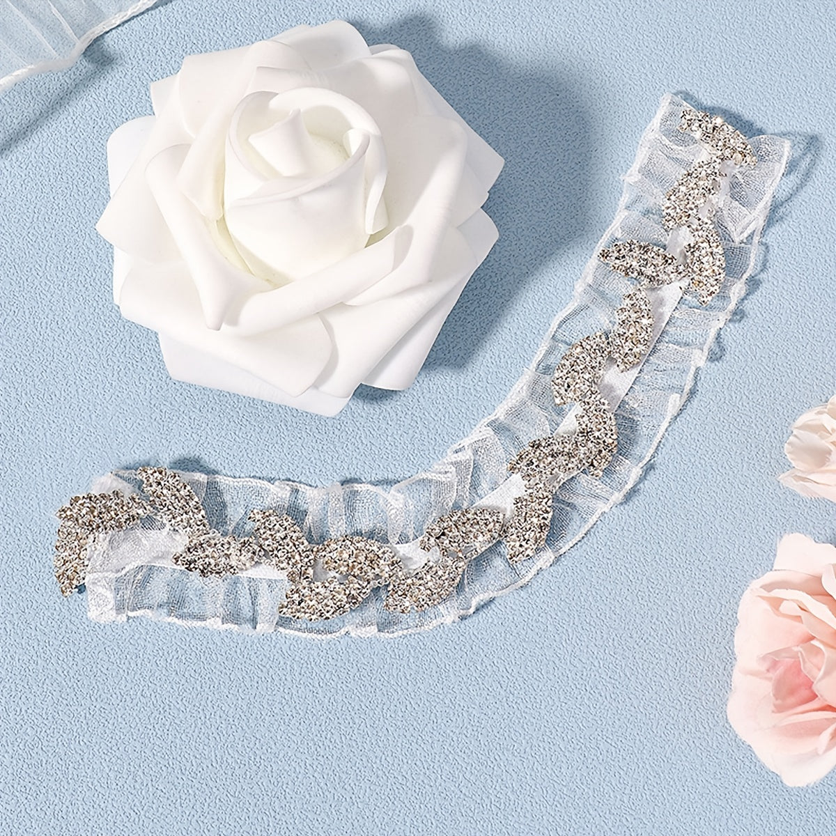 Rhinestone Leaf Lace Bridal Garter, Flower Lace Belt, Stretch Garter, Costume
